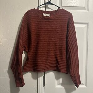 Pink Rose Brown Crew Neck Sweater with Ribbed Texture